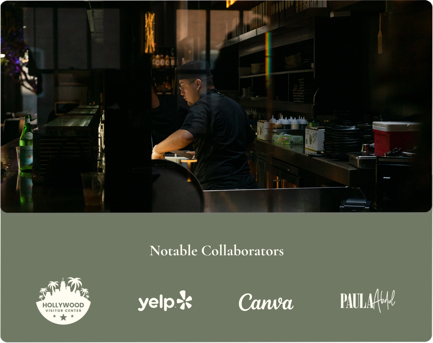 Notable Collaborators section with chef image and partner logos
